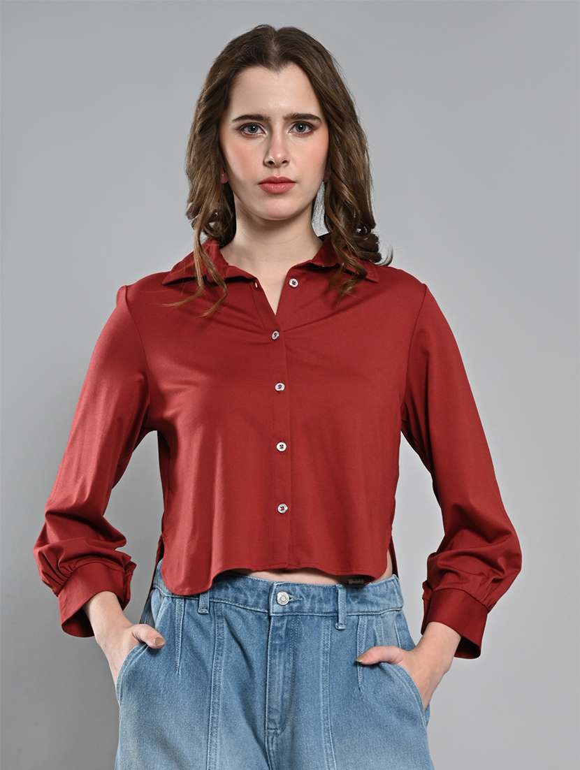 women solid long sleeve crop shirt