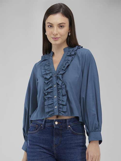 women solid puff sleeves crop top - 21840960 - Standard Image - 0