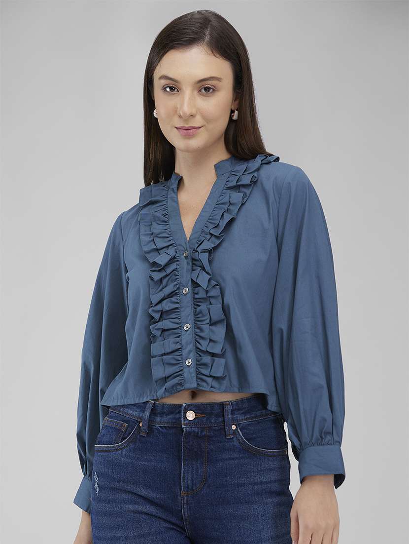 women solid puff sleeves crop top - 21840960 - Zoom Image - 0