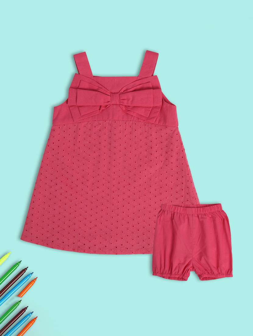 girls pink self design frock with bloomer