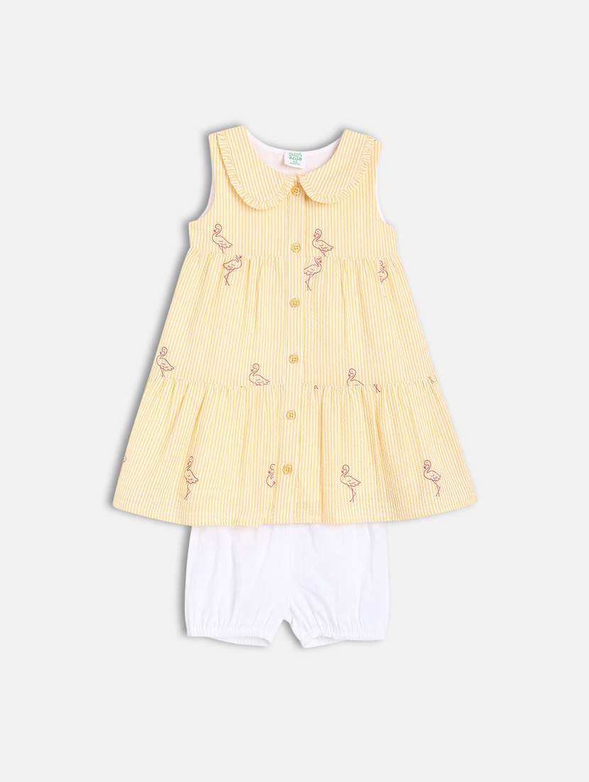 girls yellow striped frock with bloomer