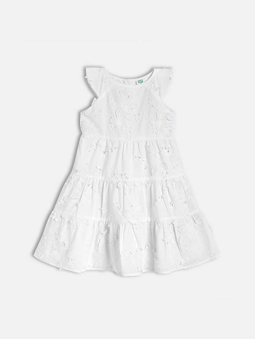 girls white self design round neck frock