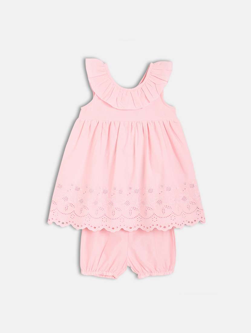 girls pink solid frock with bloomer