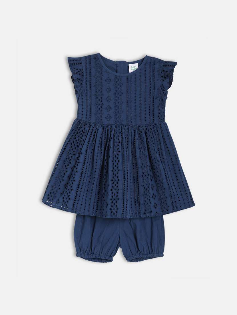 girls blue self design frock with bloomer