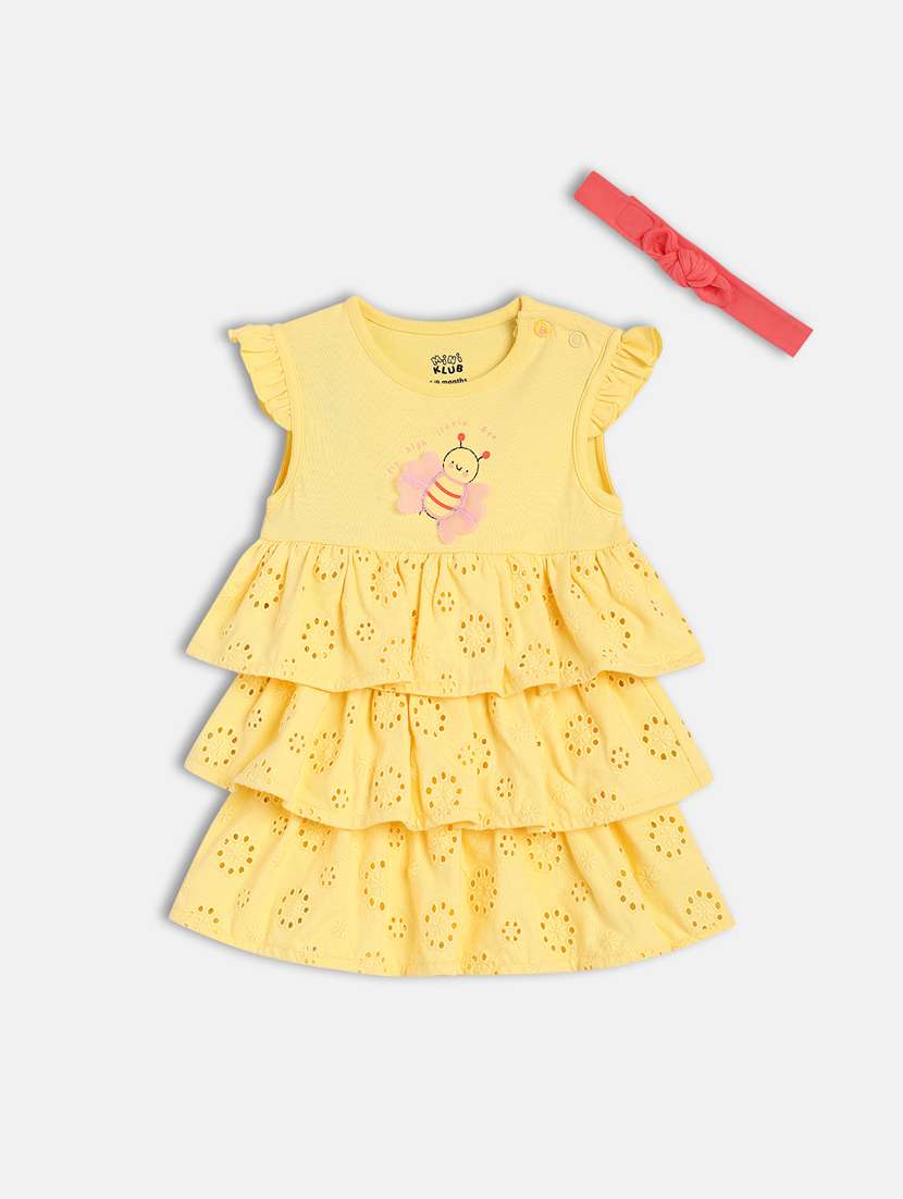 girls yellow self design round neck frock
