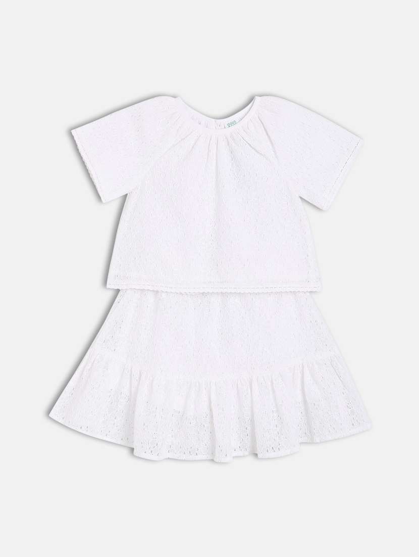 girls white solid skirt & top set
