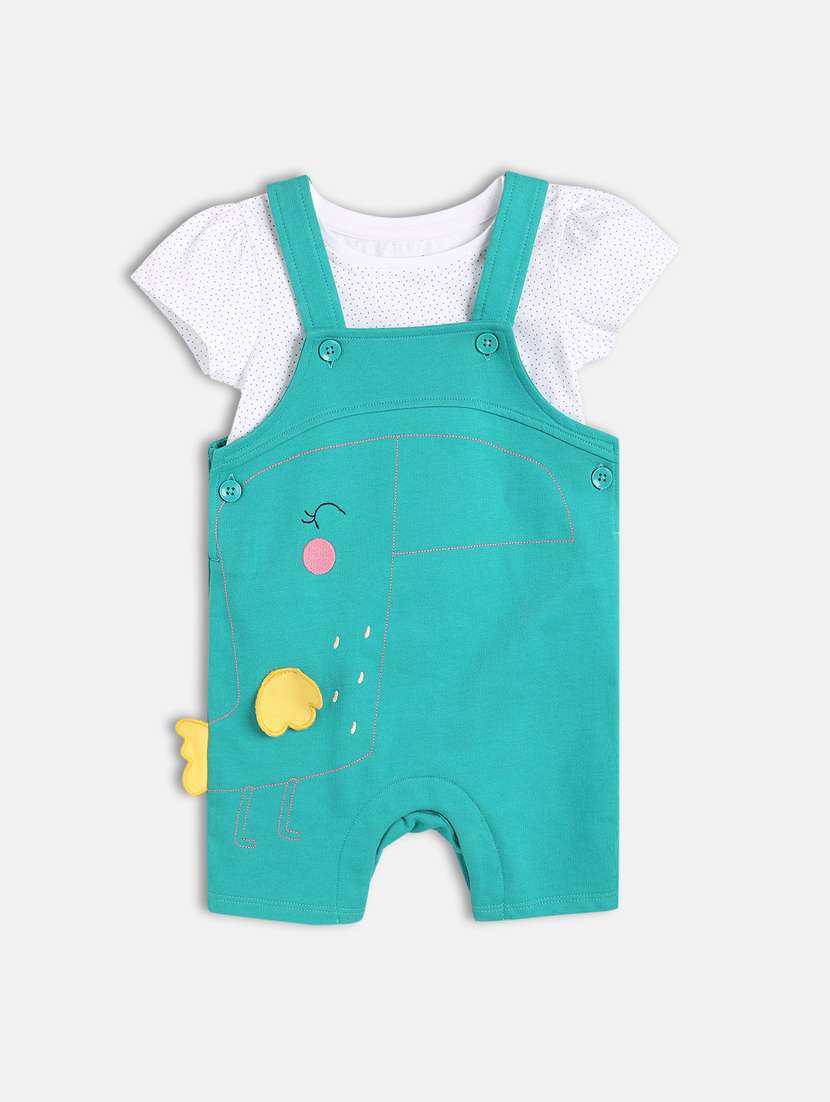 girls turquoise solid t-shirt & dungaree set