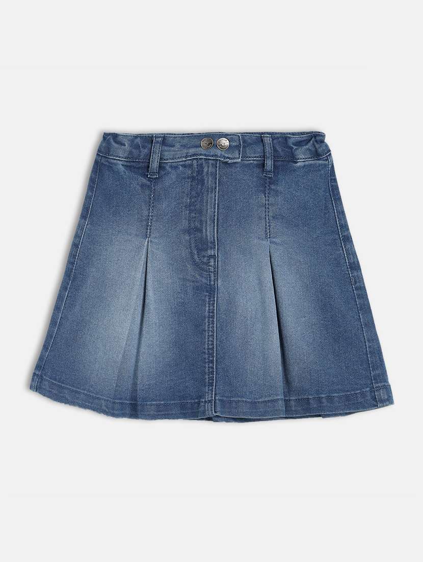 girls solid high rise pleated denim skirt