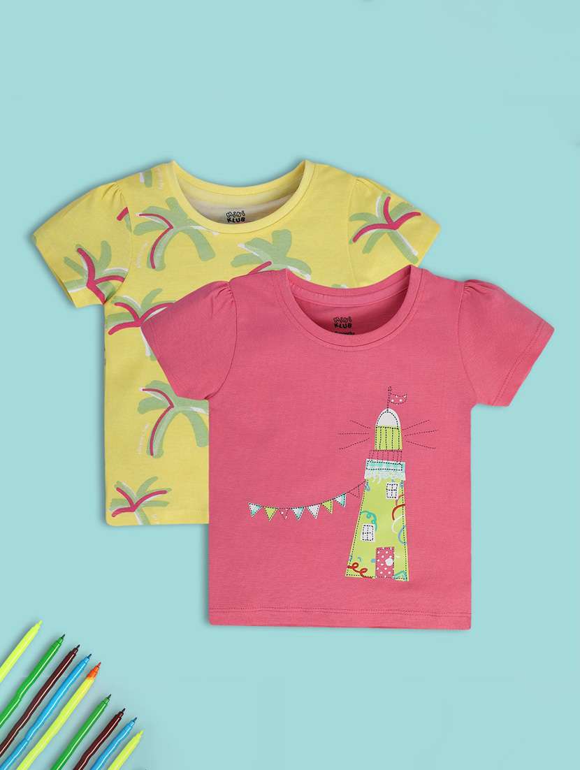 girls pack of 2 printed round neck t-shirt