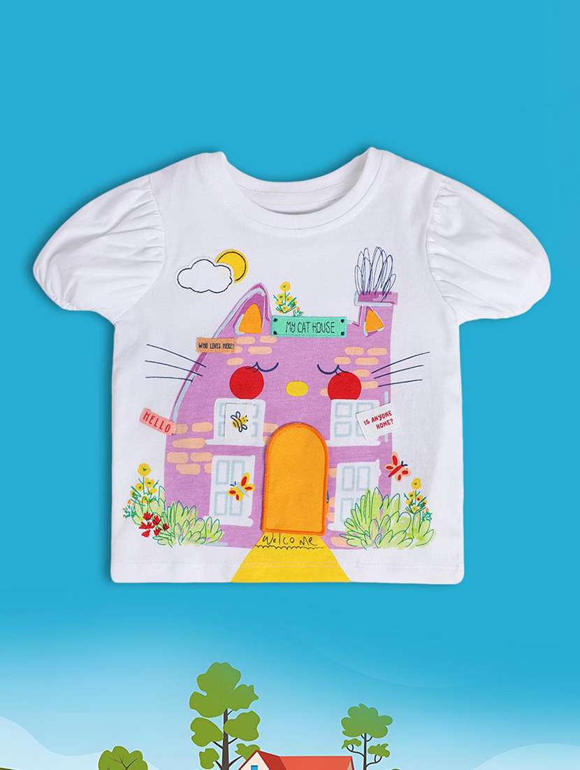 girls front print round neck t-shirt