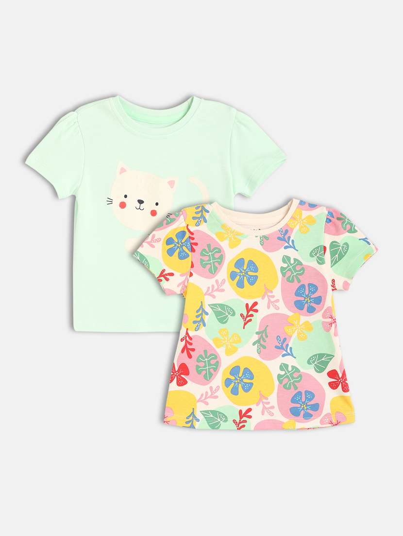 girls pack of 2 printed round neck t-shirt
