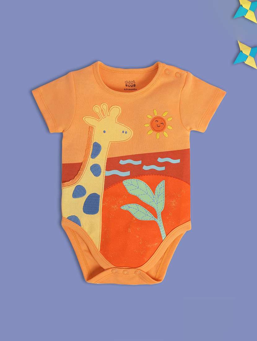 kids orange printed round neck onesies