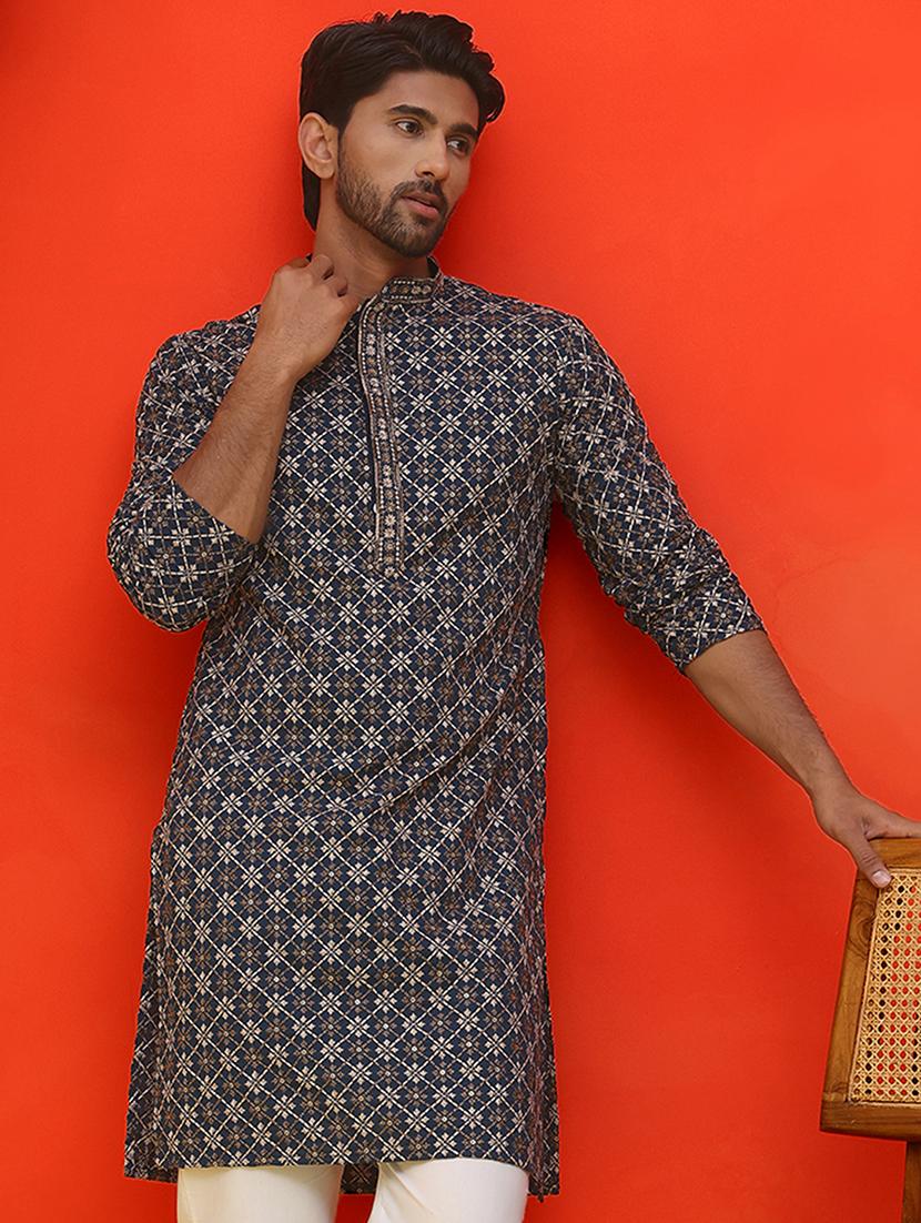 men teal  embroidered long sleeve kurta