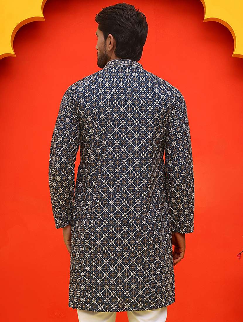 men teal embroidered long sleeve kurta - 21841329 - Standard Image - 3