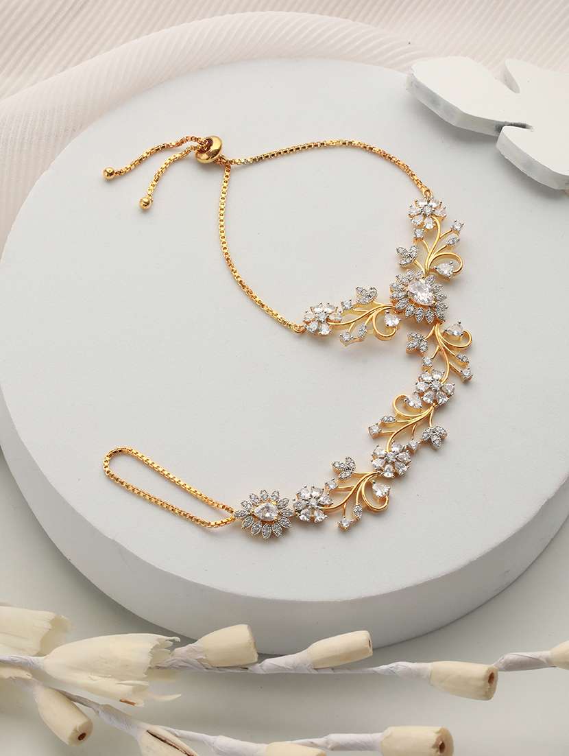 gold plated cz studded statement hathphool ring bracelet