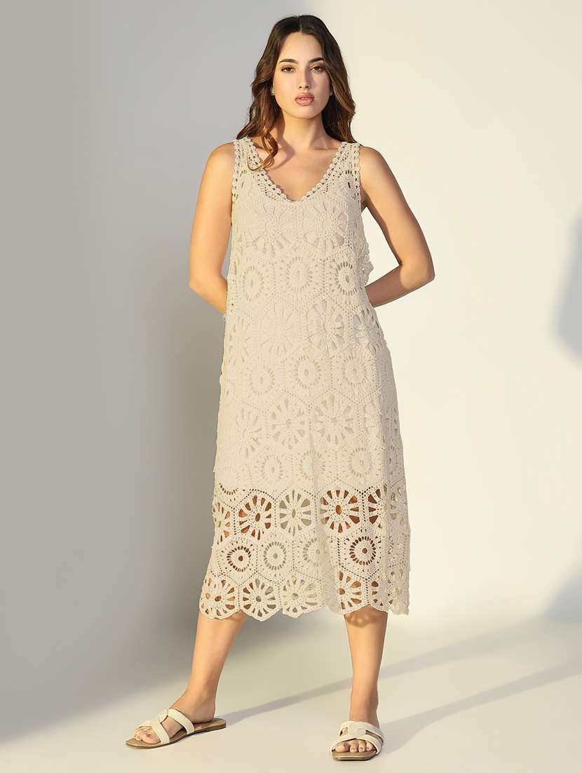 women sleeveless a-line crochet dress
