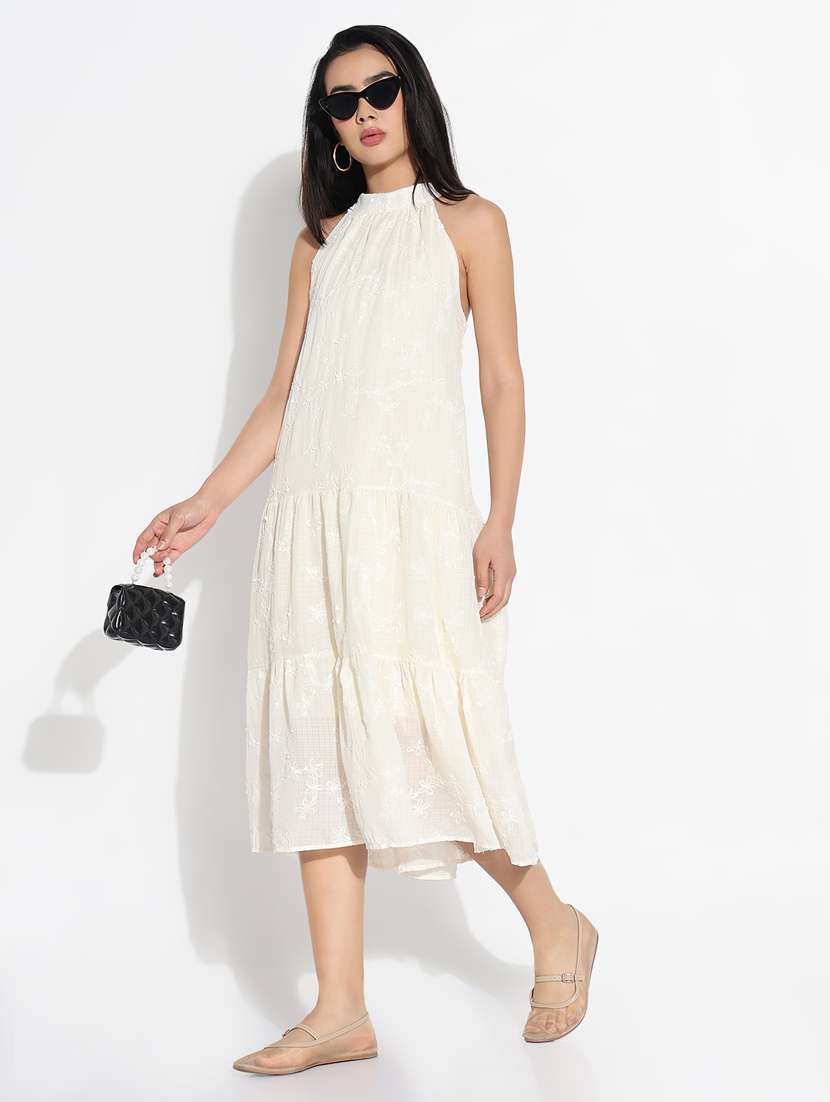 women solid halter neck tiered dress