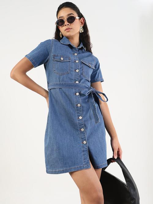 women solid collared denim shirt dress - 21841489 -  Standard Image - 0