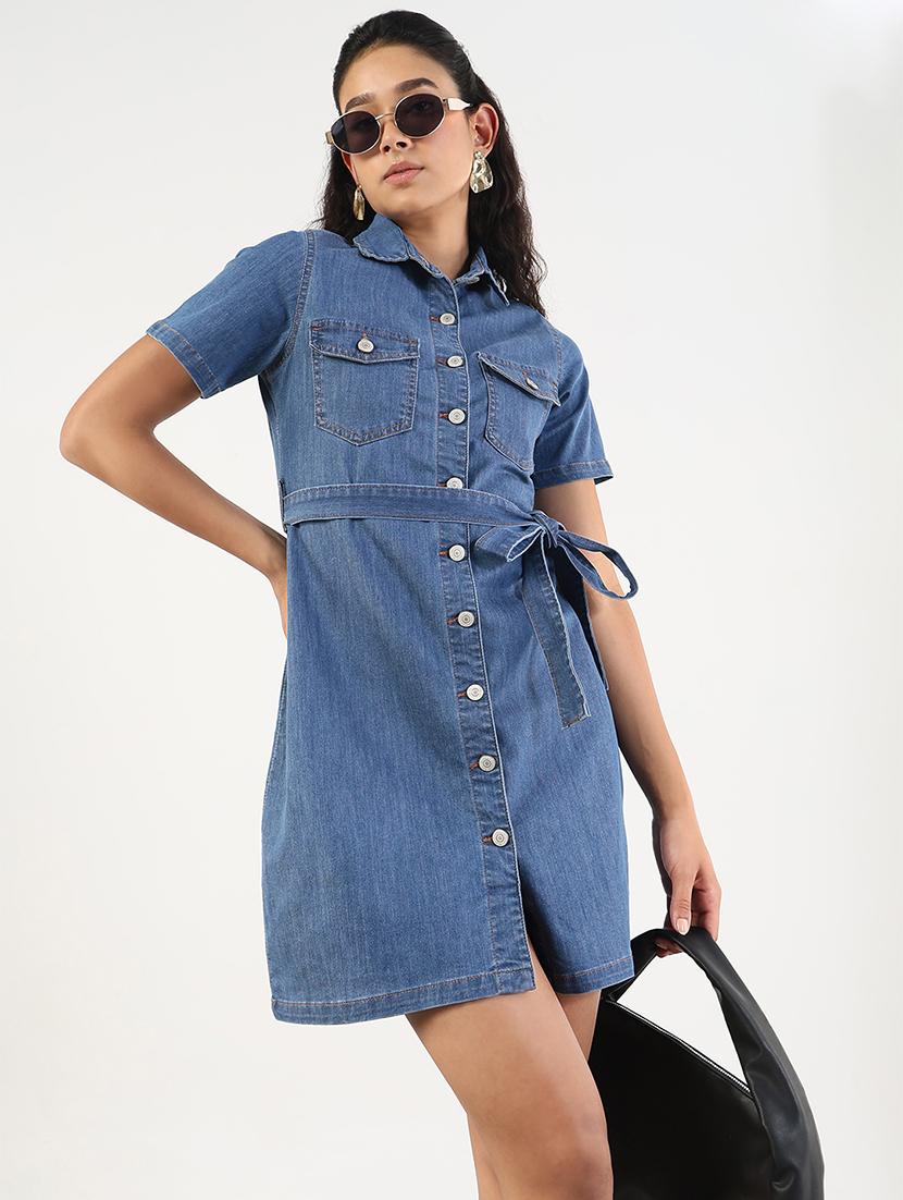 women solid collared denim shirt dress - 21841489 -  Zoom Image - 0