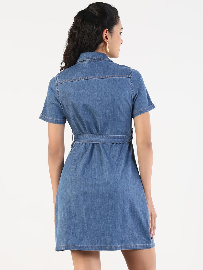 women solid collared denim shirt dress - 21841489 - Standard Image - 3