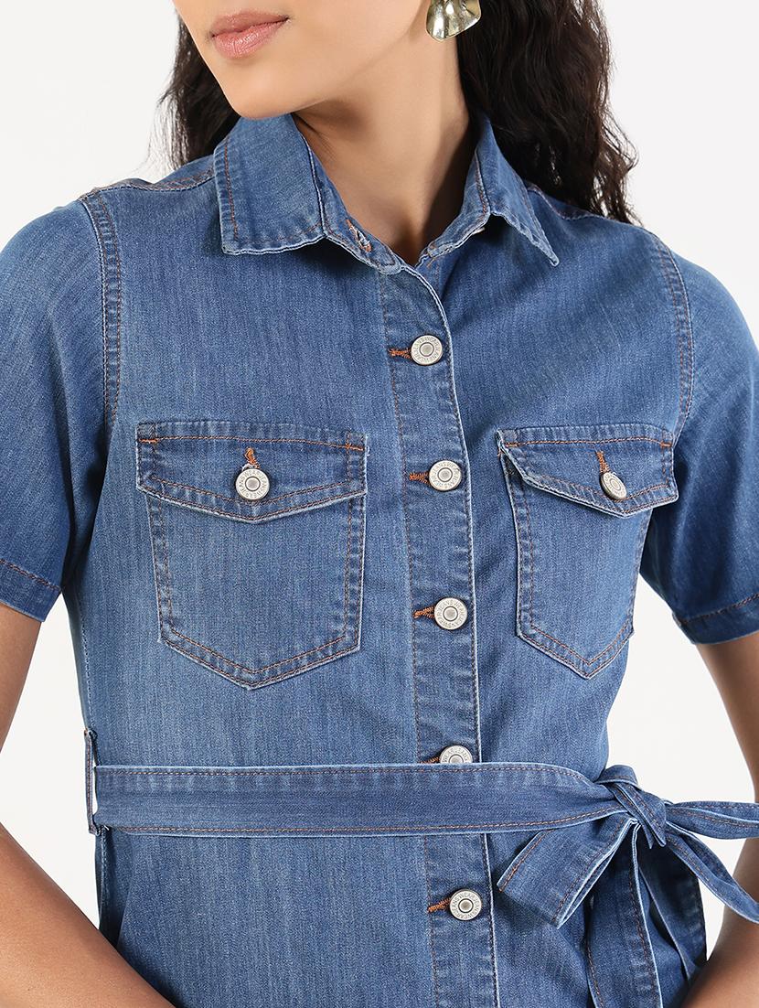 women solid collared denim shirt dress - 21841489 - Standard Image - 5