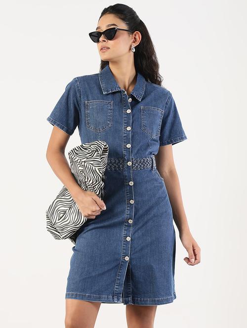 women solid collared denim shirt dress - 21841491 - Standard Image - 0