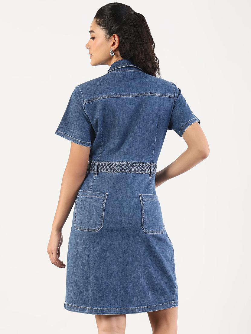 women solid collared denim shirt dress - 21841491 - Standard Image - 3
