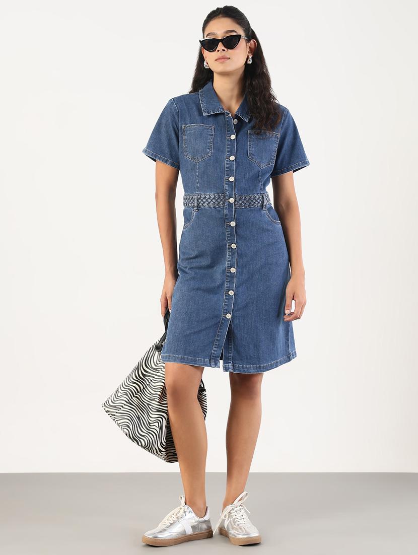 women solid collared denim shirt dress - 21841491 - Standard Image - 5