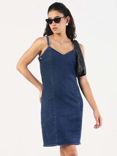 women solid shoulder strap denim sheath dress - 21841492 -  Standard Image - 0