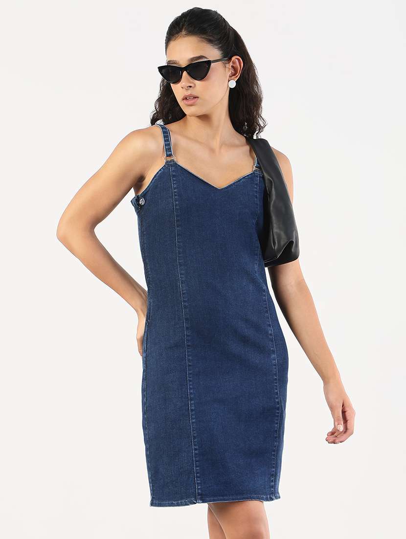 women solid shoulder strap denim sheath dress - 21841492 -  Zoom Image - 0