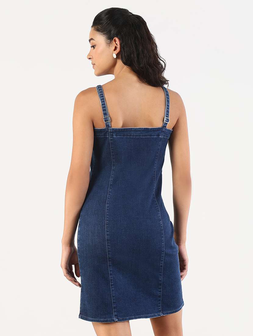 women solid shoulder strap denim sheath dress - 21841492 -  Standard Image - 3