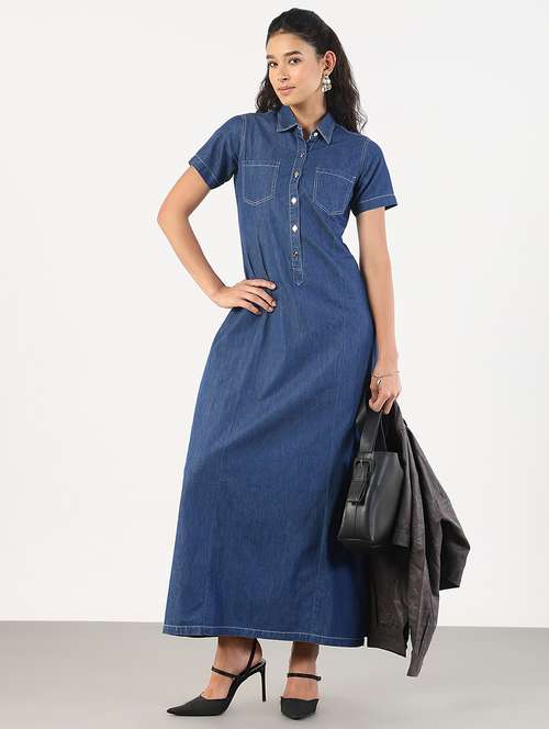 women solid collared denim a-line dress - 21841493 -  Standard Image - 0