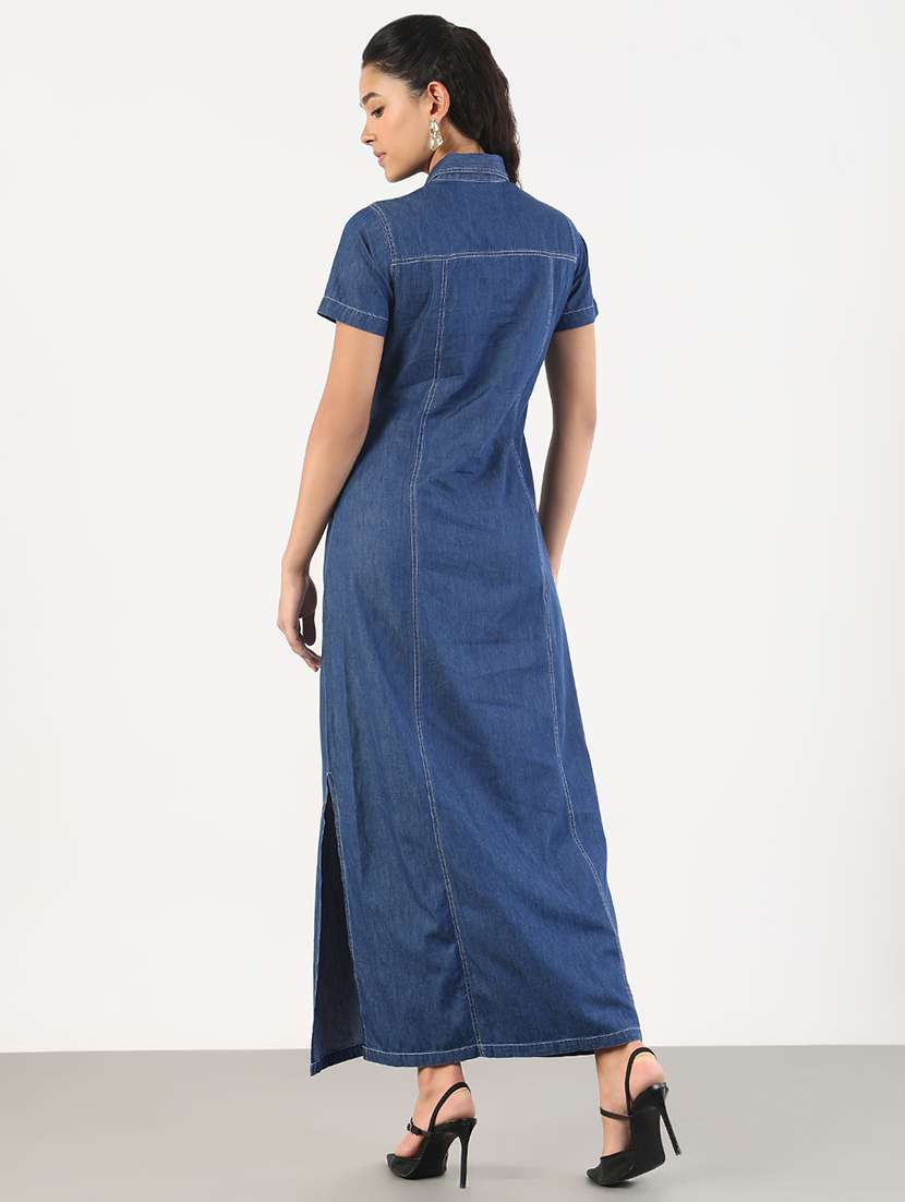 women solid collared denim a-line dress - 21841493 - Standard Image - 3