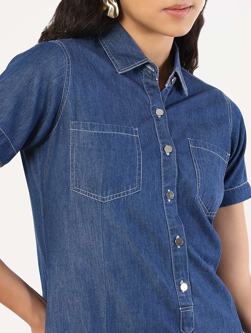 women solid collared denim a-line dress - 21841493 - Standard Image - 5