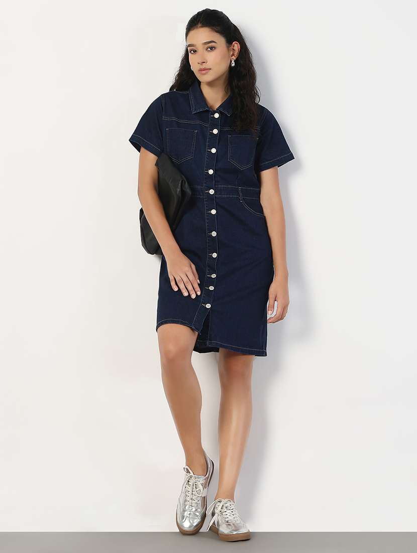 women solid collared denim shirt dress - 21841494 -  Standard Image - 5