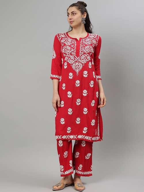 women chikankari three quarter sleeve kurta palazzo set - 21841509 -  Standard Image - 0