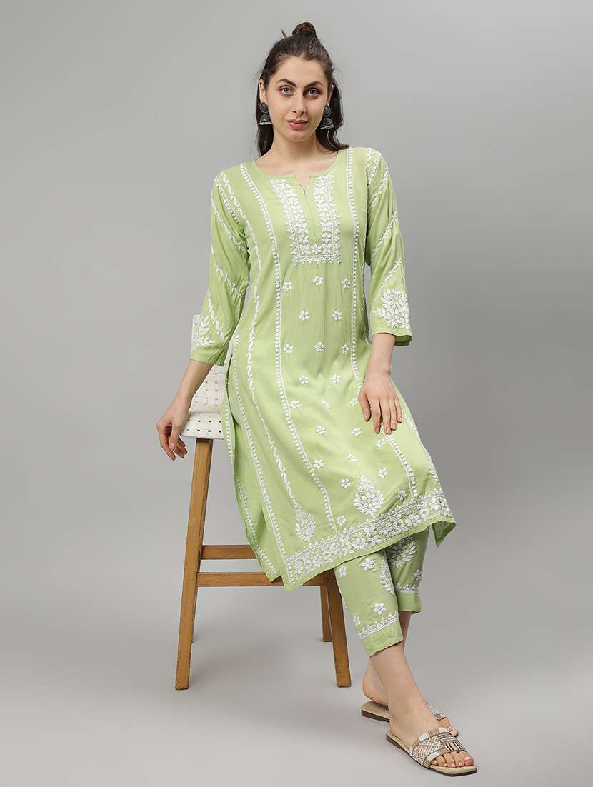 women chikankari three quarter sleeve kurta pant set - 21841512 -  Standard Image - 3