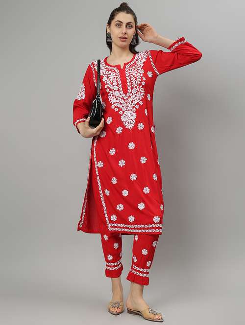 women chikankari three quarter sleeve kurta pant set - 21841516 -  Standard Image - 0