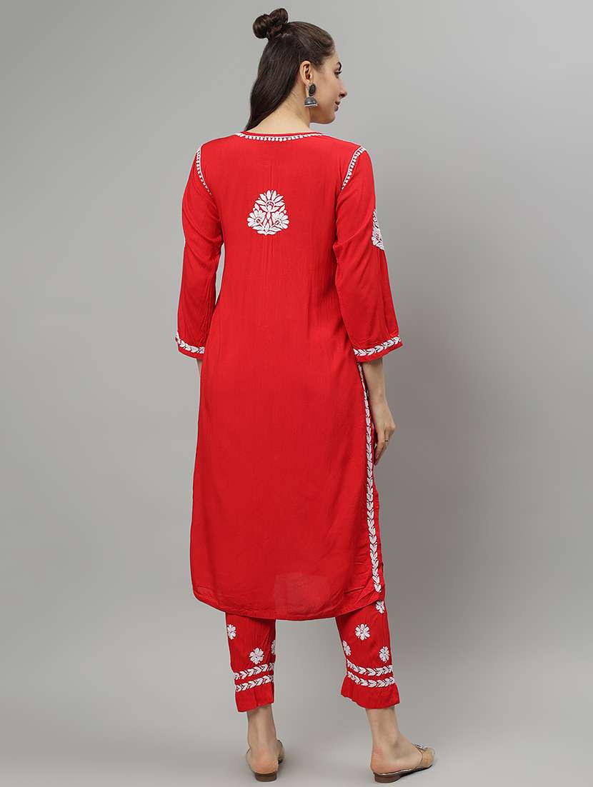 women chikankari three quarter sleeve kurta pant set - 21841516 -  Standard Image - 3