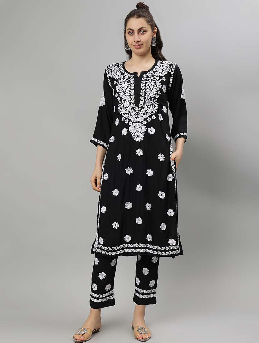 women chikankari three quarter sleeve kurta pant set - 21841517 -  Standard Image - 3