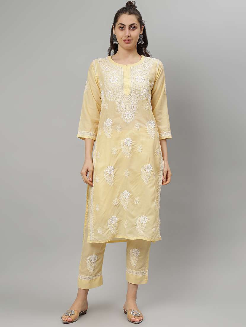 women chikankari three quarter sleeve kurta pant set