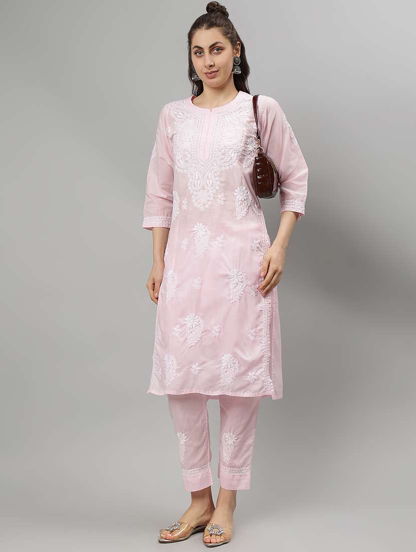 women chikankari three quarter sleeve kurta pant set