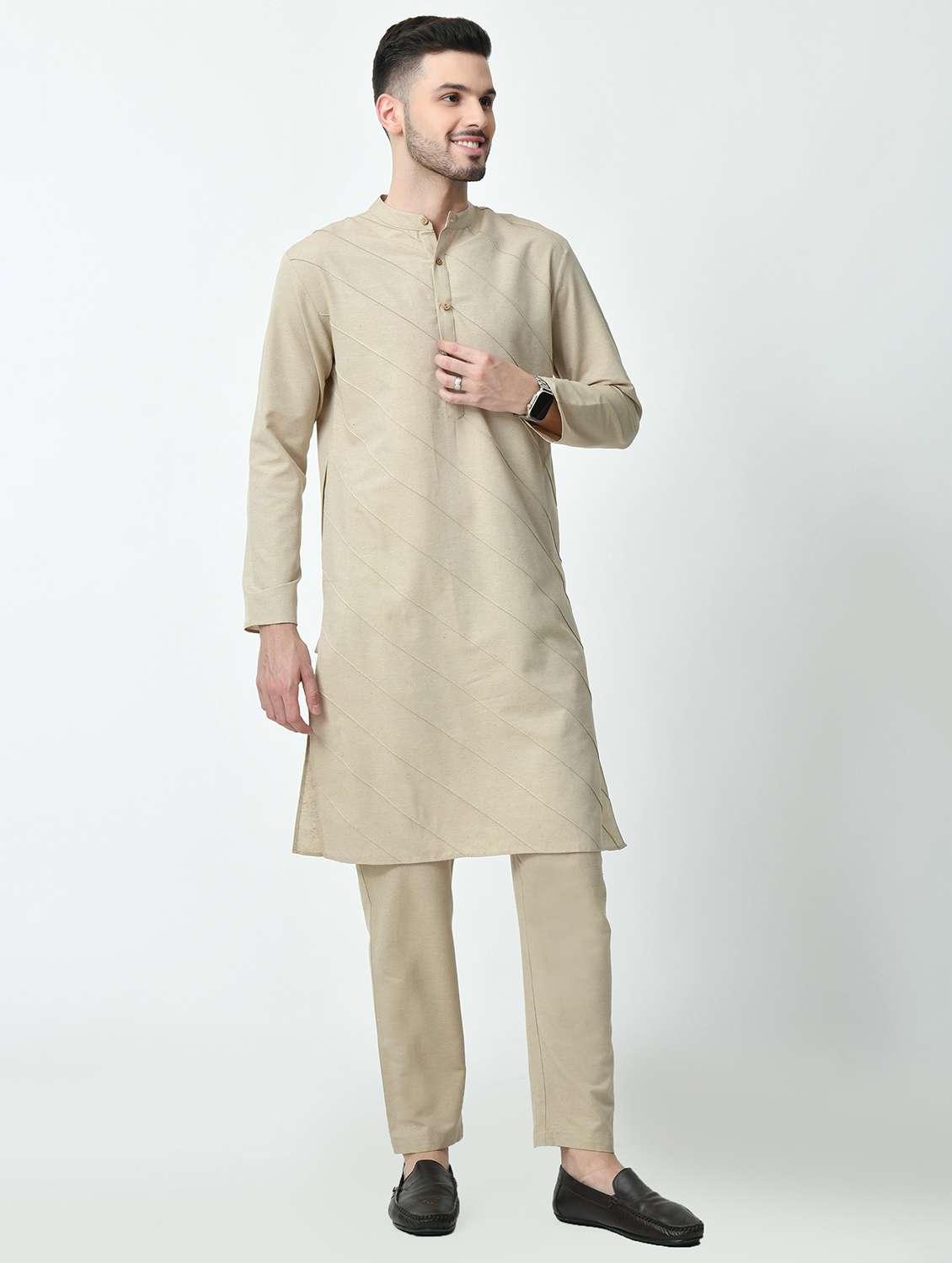 men solid mandarin neck long kurta