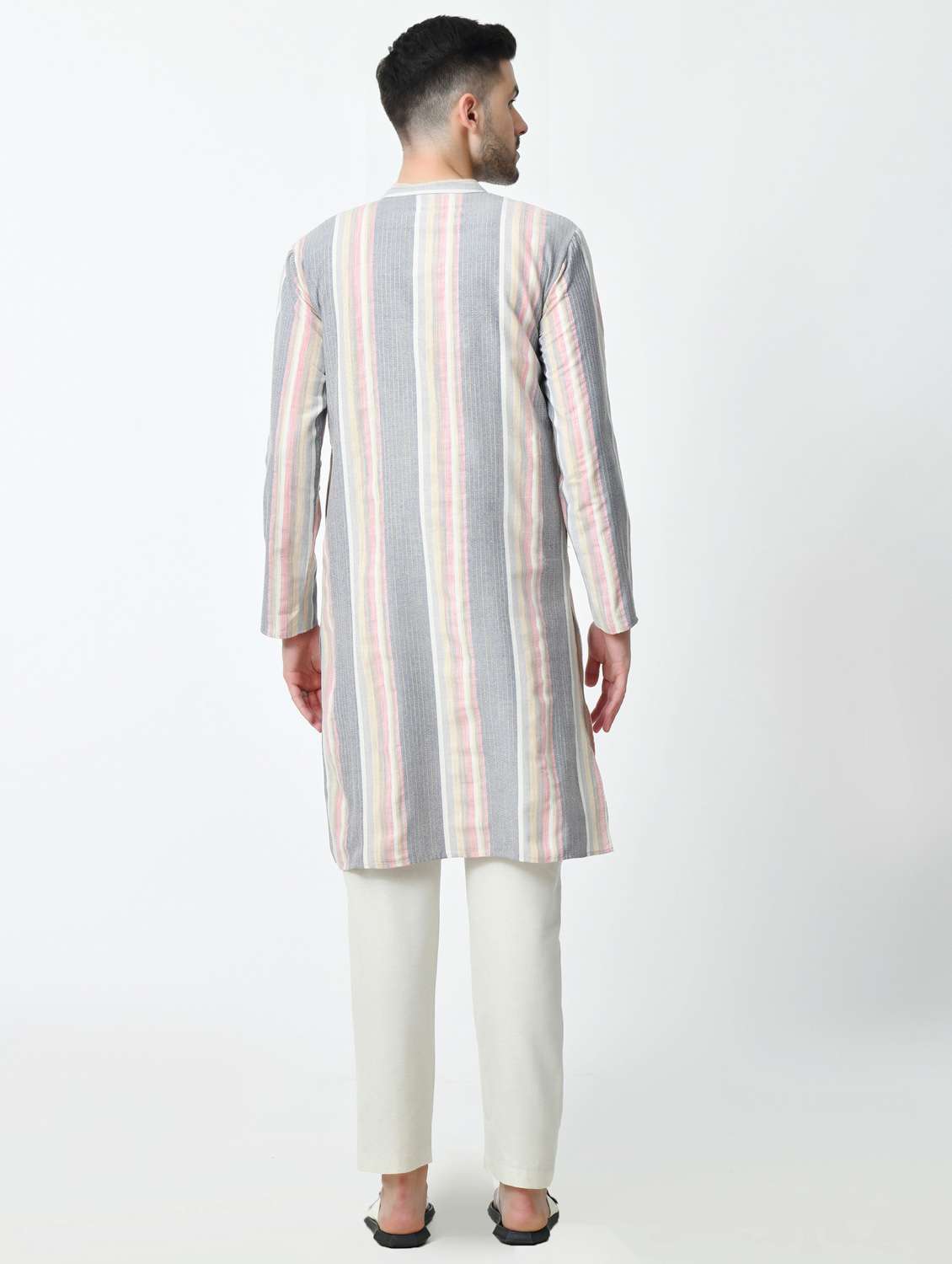 men striped mandarin neck long kurta - 21841534 -  Standard Image - 3