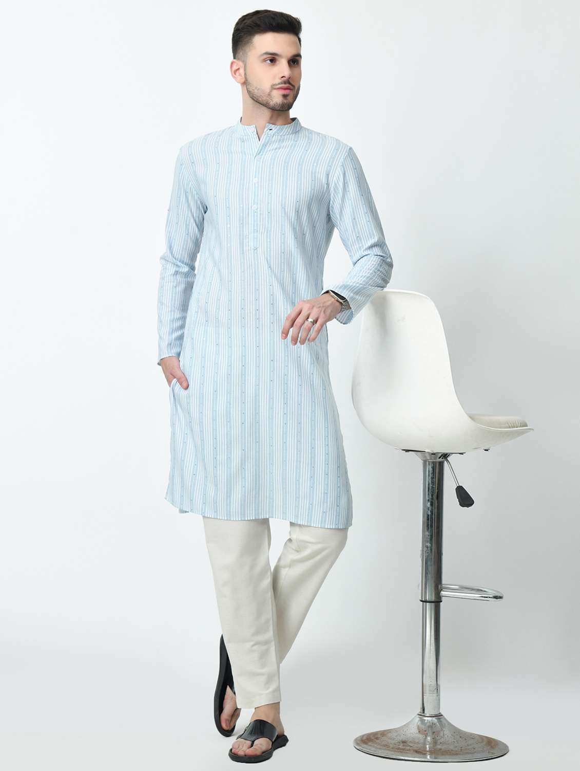 men striped mandarin neck long kurta - 21841538 - Zoom Image - 0