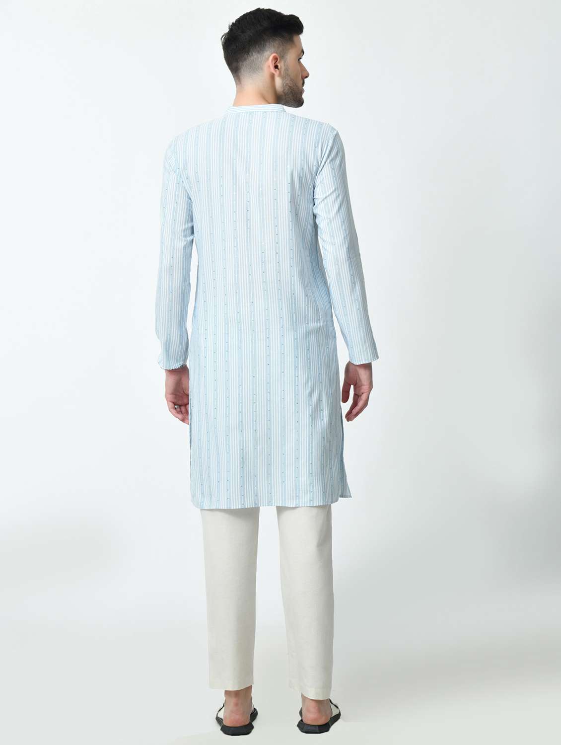 men striped mandarin neck long kurta - 21841538 - Standard Image - 3