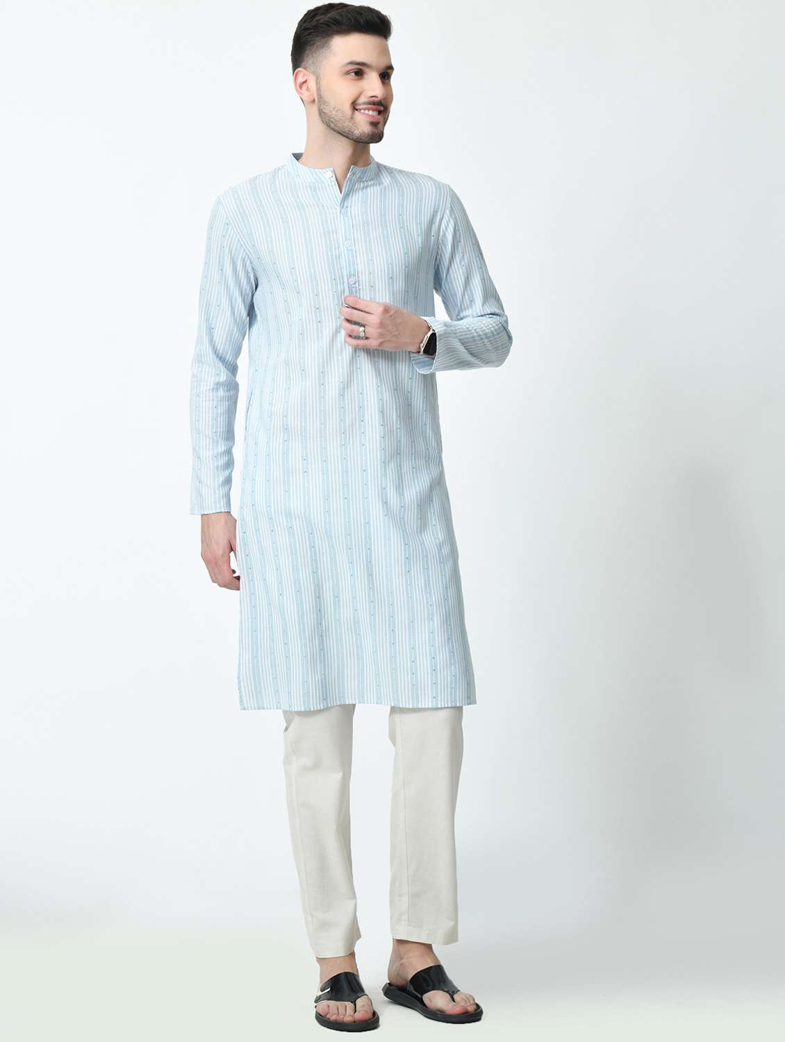 men striped mandarin neck long kurta - 21841538 - Standard Image - 5