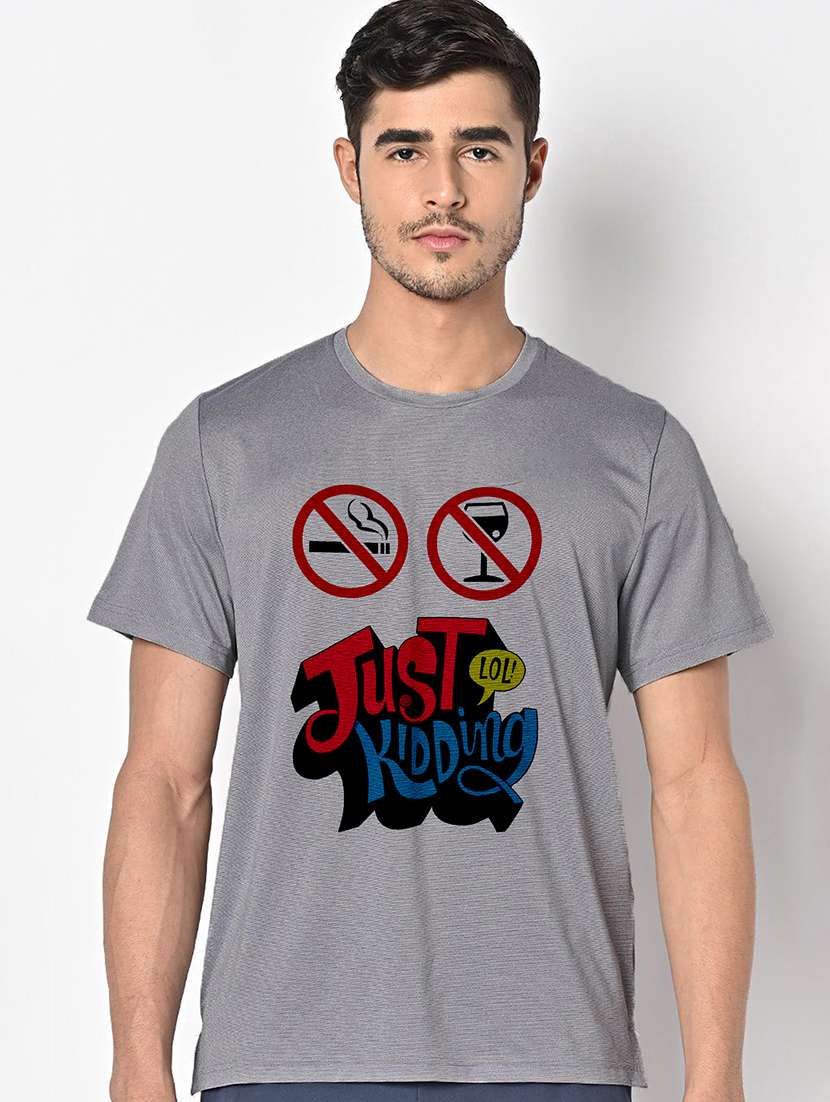 men grey round neck regular fit t-shirt