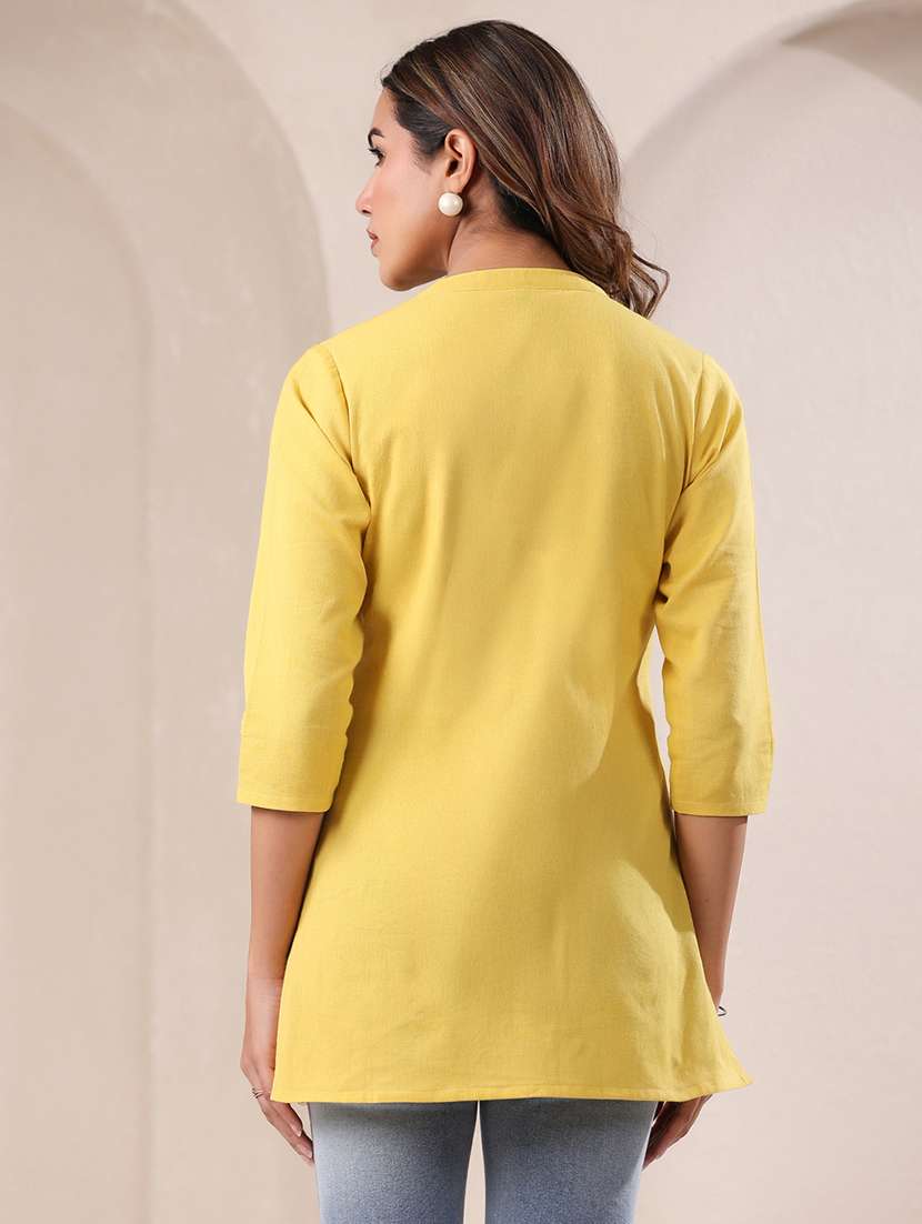 women yellow three quarter sleeves straight kurti - 21842906 - Standard Image - 3