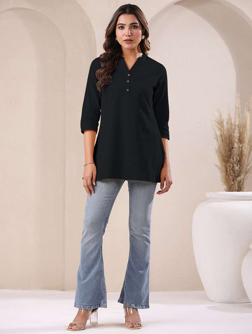 women black three quarter sleeves straight kurti - 21842909 -  Standard Image - 5
